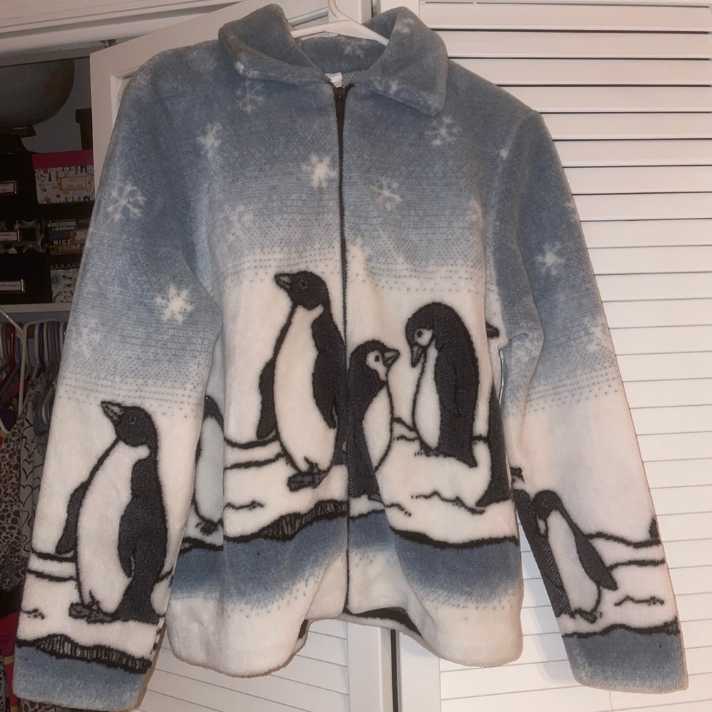 Penguin Print Fleece Jacket - Blue/White